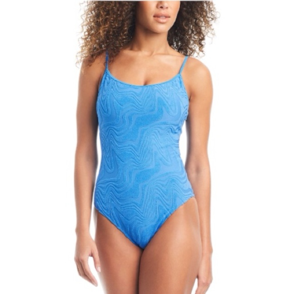 Bar III Women's Textured Tie-Back One-Piece Swimsuit Size S color blue
